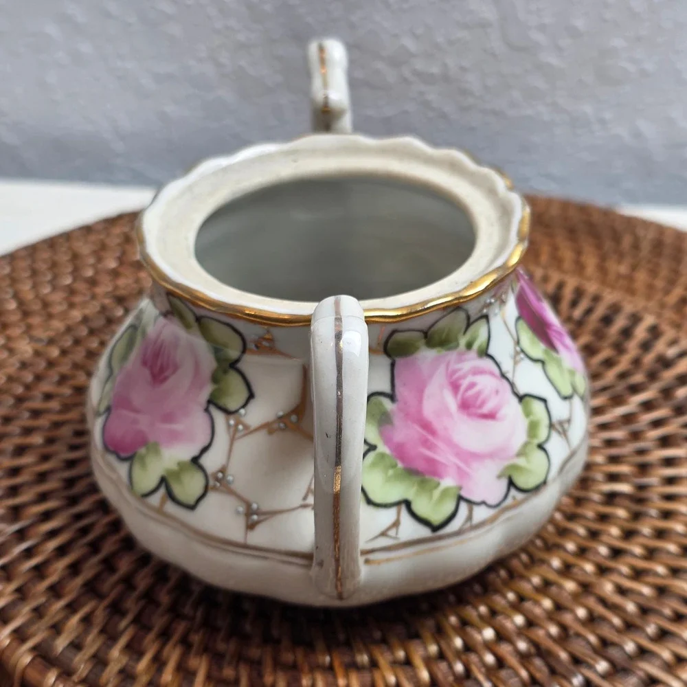 Antique 1890s Nippon Hand Painted Rose Porcelain Creamer & Sugar Bowl Set No Lid